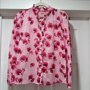 BANJANAN Anthropologie Santos Pink and Red 100% Cotton Floral Blouse